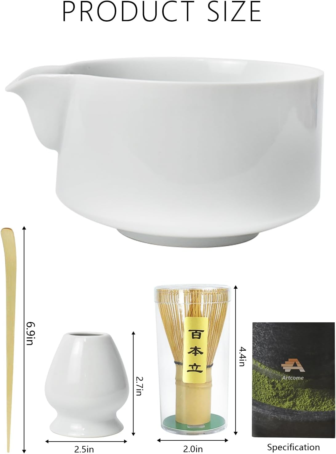 Artcome Premium Matcha Tool Set – Includes Matcha Bowl with Pouring Spout, Whisk, Whisk Holder, Tea Scoop & Matcha Manual - White