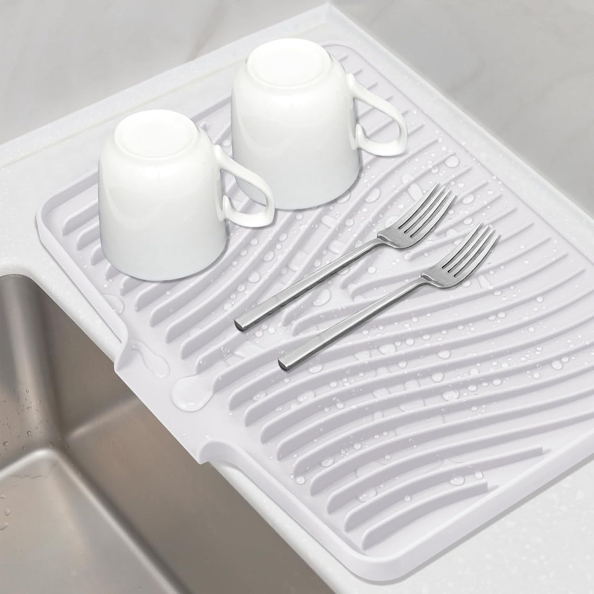 Silicone Dish Drying Mat for Kitchen Counter, Dish Drying Pad, Non-Slip Drain Pad with Built-in Drain, Heat Resistant Stone Drying Mat(Ivory-L 15.8" x 13")