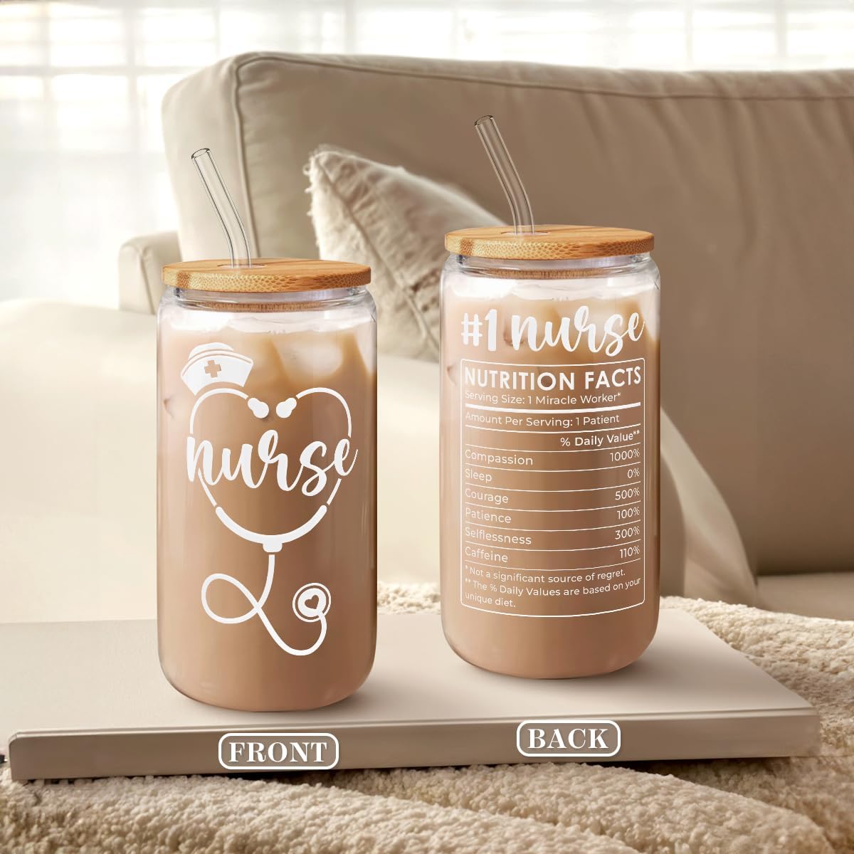 SANDJEST Nurse Glass Can, Nutrition Facts Cup with Lid & Straw, Iced Coffee Aesthetic Cups, Idea Gift for Christmas Birthday Nurse Week, Gifts for Women, 16oz