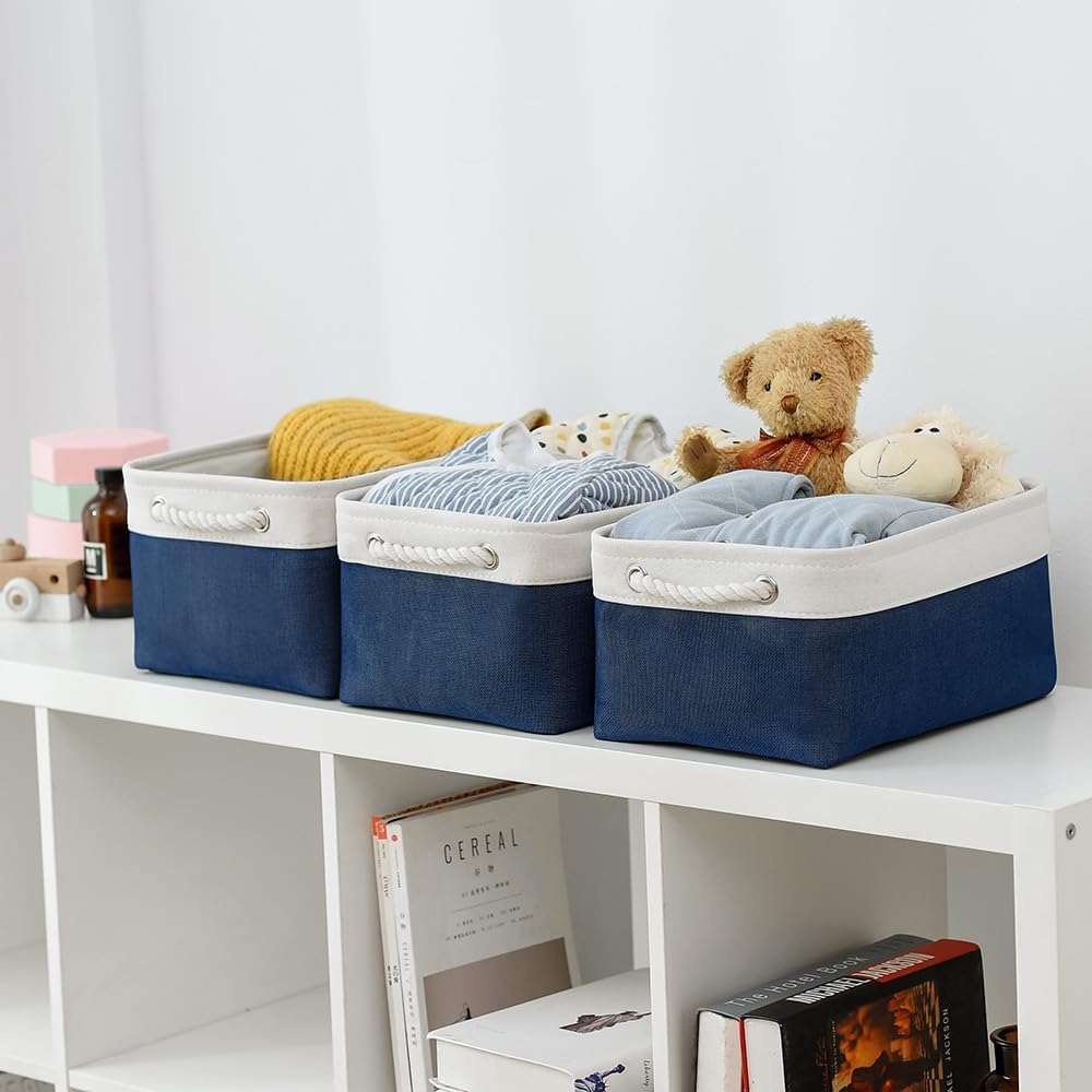 TheWarmHome Storage Bins for Shelves - 1 Pack 13.8x9.7x6.7 inch Collapsible Storage Basket for Organizing, Dog Toy Bin for Closet Organizer laundry Cloth Nursery (White & Jean Blue)
