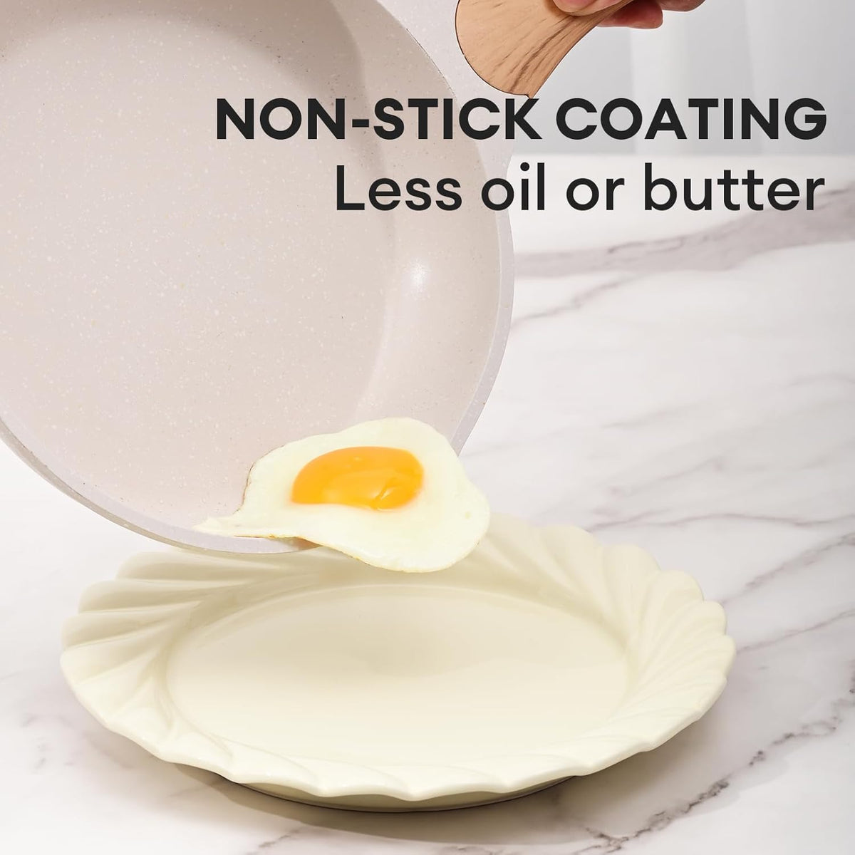 JEETEE 8 Inch Nonstick Frying Pan, Stone Coating Cookware, Nonstick Omelette Pan with Heat-Resistant Handle, Induction Skillet for Eggs(Beige)