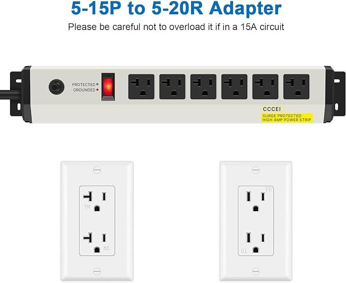 CCCEI 12 Gauge Heavy Duty Power Strip Surge Protector 4800J, 20 Amp 6 Plug Industrial Shop Garage Metal Multiple Outlets, 15 FT Extension Cord 5-15P Adapter High Amp 6-20R T-Slot 20a for Appliance.