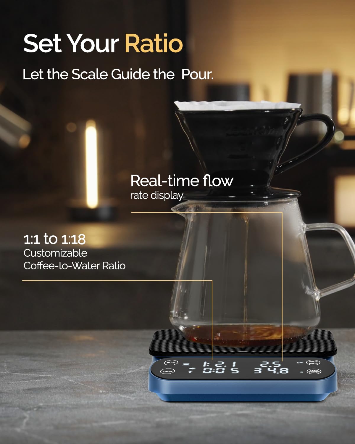 Maestri House S3 Coffee Scale with Timer, 3kg/0.1g Rechargeable Digital Scale, 3 Brew Modes, Adjustable Ratios & Flow Rate Display, Barista-Grade for Pour-Over, Espresso, French Press – Blue