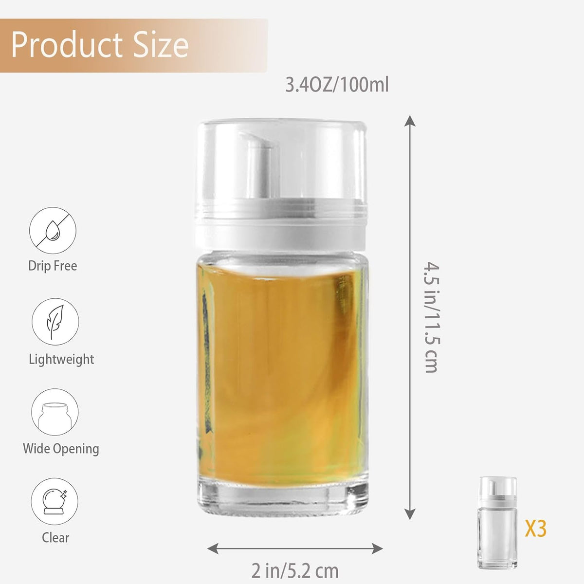 3-Pack Leakproof Small Glass Oil and Vinegar Dispenser Bottles - Perfect for Kitchen Use - 3.38oz Each