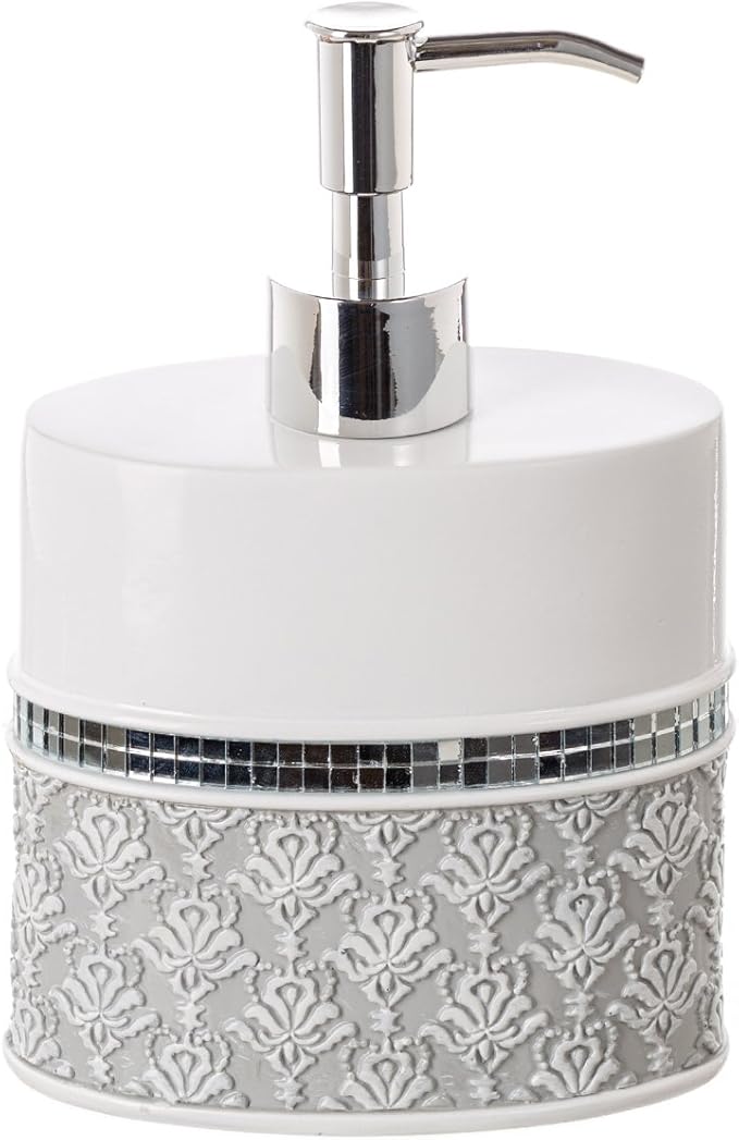Creative Scents Mirror Damask Grey and White Soap Dispenser, Decorative Hand Soap Dispenser for Bathroom - Modern Countertop Lotion Dispenser with Durable Pump for Elegant Bathroom Decor