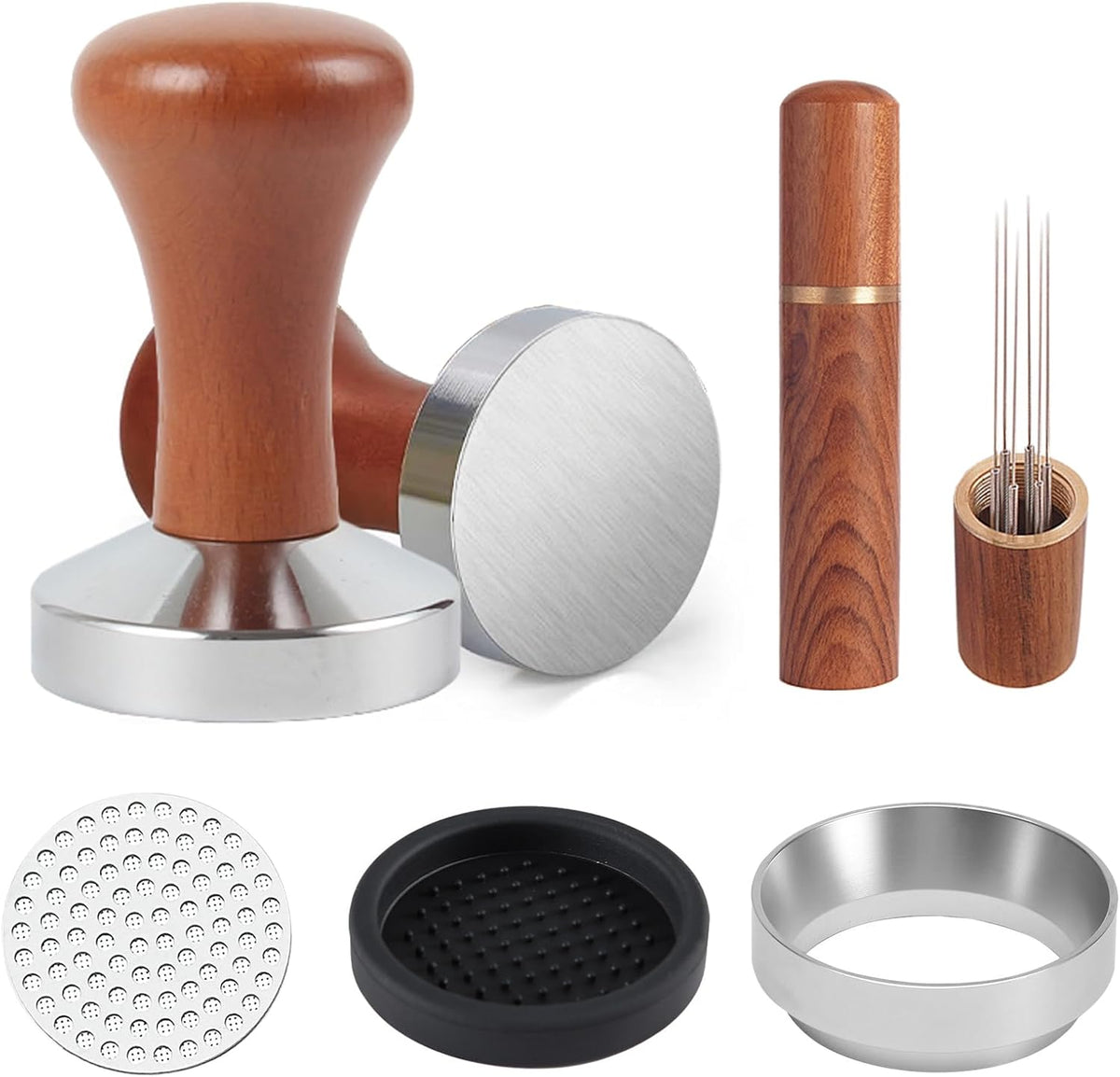 53mm Espresso Accessories Kit,Wdt Tool Espresso,Solid Espresso Tamper,Coffee Puck Screen and Dosing Funnel,Silicone Tamper Mat,0.4mm Stainless Steel 6pin Espresso Stirrer,Barista Tools Espresso Kit