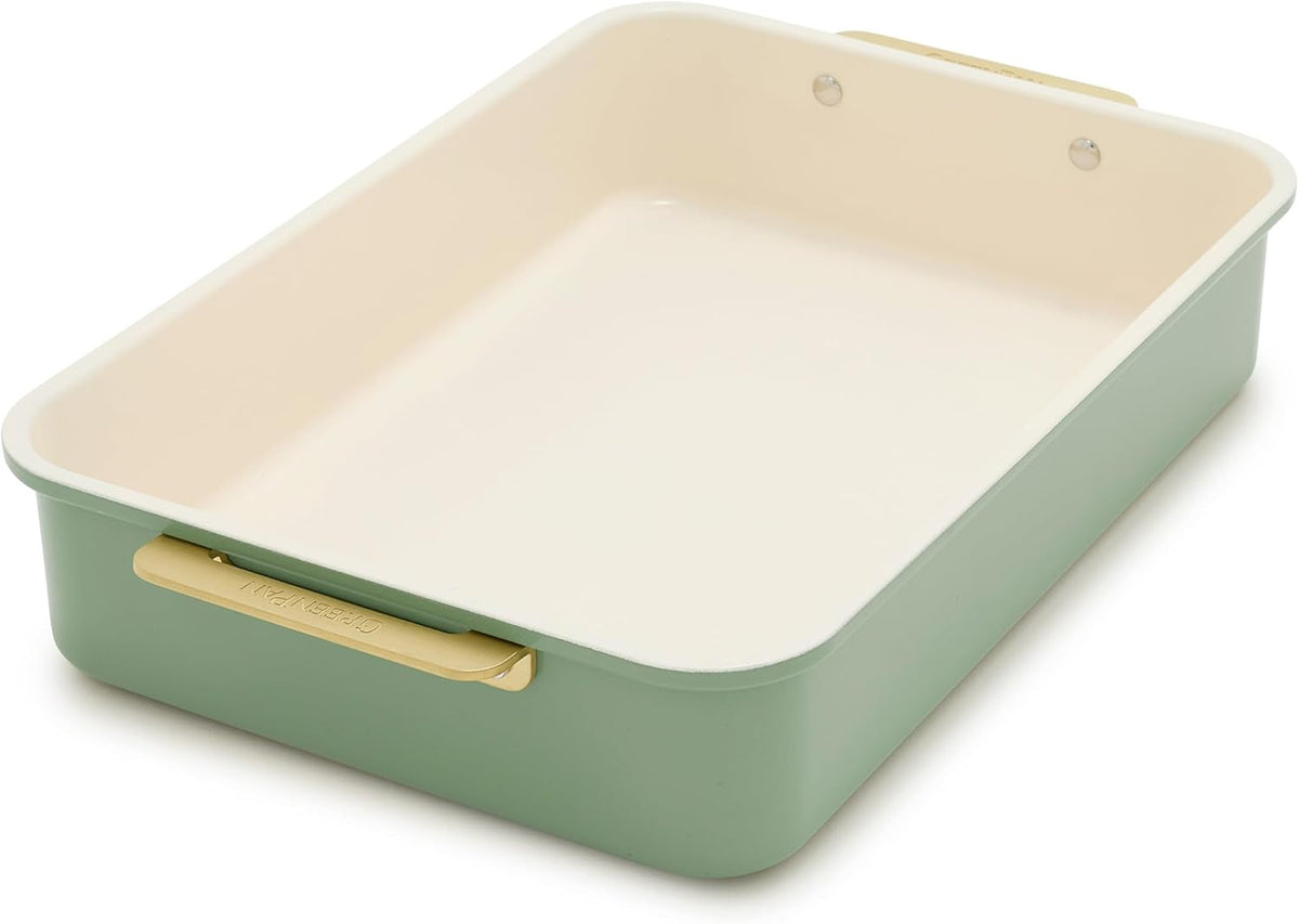 GreenPan Bakeware Rectangular Cake Pan, Ceramic Nonstick Baking Pan, PFAS & BPA Free, Gold Handles, Durable Steel, Freezer to Oven Dish, Scratch Resistant, Bake & Roast Ovenware, Sage Green