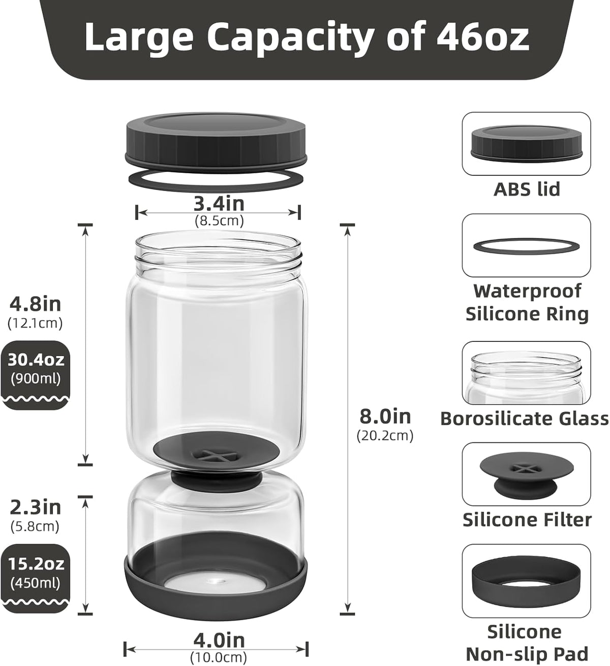 WhiteRhino Glass Pickle Jar with Strainer Flip,46oz longer Pickle Container,Hourglass Pickle Juice Separator Jar for Olives,Gherkins,Long cucumber or Sliced,Leakproof Dishwasher Safe