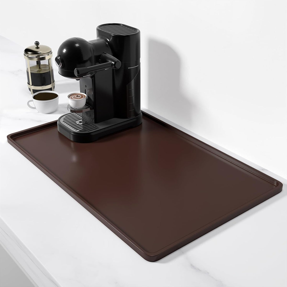 Rnivvi Silicone Coffee Mat, 12" x 19" Waterproof Raised Edge Coffee Bar Mats for Espresso Machine Station Accessories, Heat Resistant Dish Drying Pad for Kitchen Counter, Rubber Bar Decor Pad, Brown