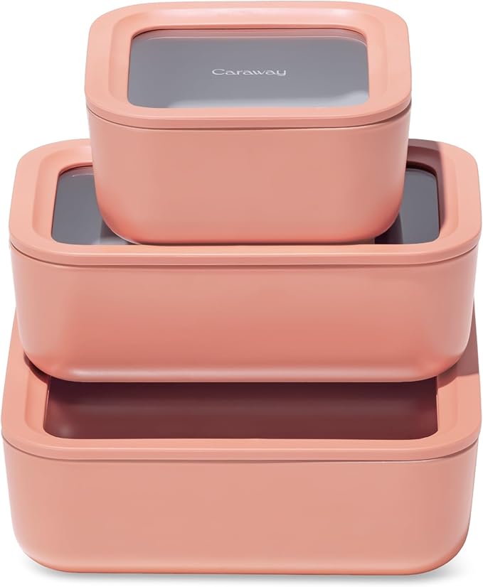 Caraway 3pc Glass Food Storage Set - 10, 6.6, & 4.4 Cup Containers - Ceramic Coated - Non-Toxic Non-Stick Lunch Box With Glass Lids - Dishwasher, Oven, & Microwave Safe - Perracotta