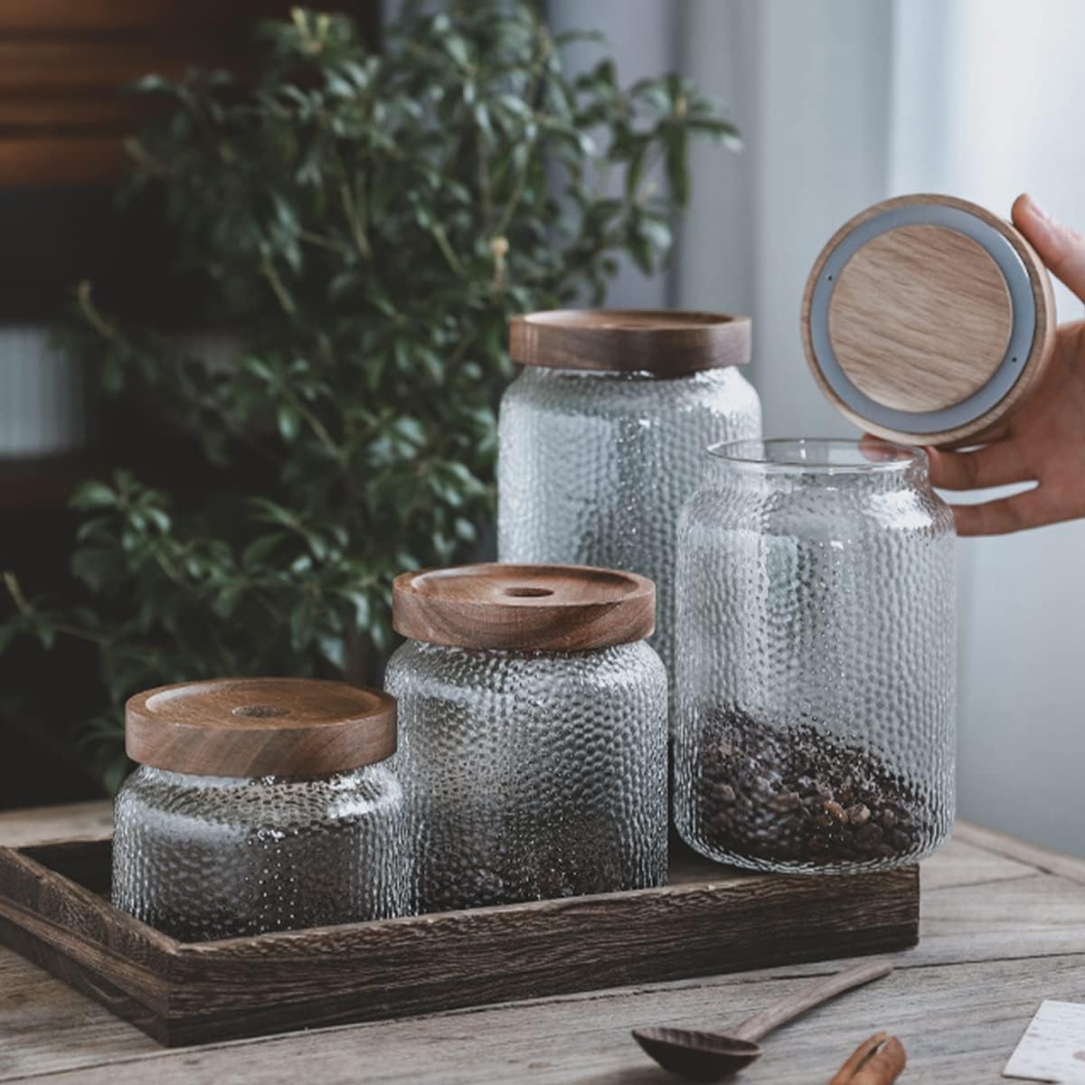 Glass Storage Jar, Food Storage Container with Airtight Bamboo Wooden Lid, Kitchen Canisters For Tea,Coffee Bean, Sugar, Candy, Cookie, Spice (1500ml, 51 Ounce)