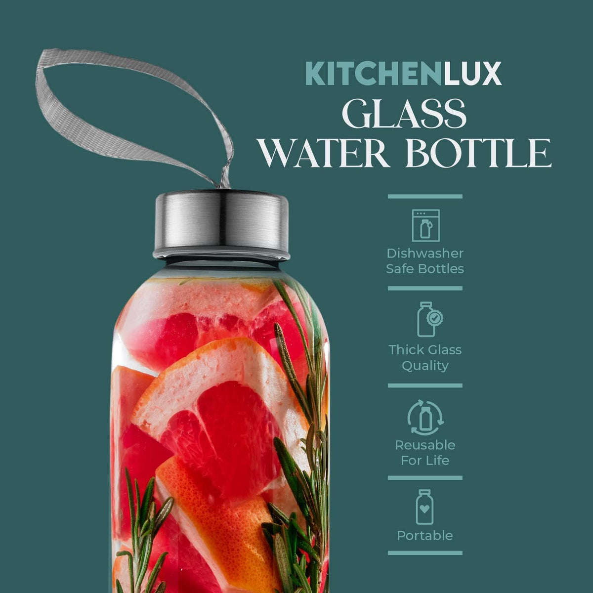 16 Ounce Glass Water Bottles, Reusable Water Bottles with Airtight, Pack of 12, Stainless Steel Lids Carrying Strap And Nylon Water Bottle Protective Sleeves for Hot Or Cold Drinks