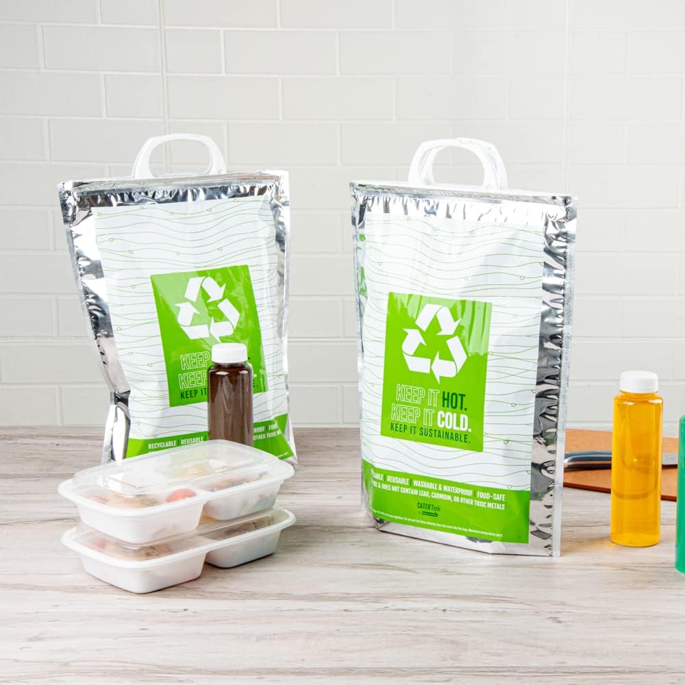 Restaurantware Cater Tek 11.8 x 5.9 x 15 Inch Hot And Cold Bag 1 Triple Layer Insulated Bag - Snap Lock Handles Waterproof Green & Silver Plastic Thermal Lunch Bag For Frozen & Hot Items