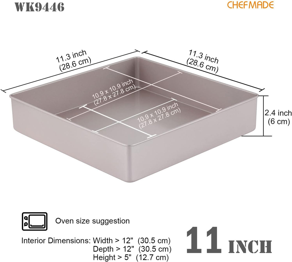 CHEFMADE 11-Inch Square Cake Pan, Non-Stick Deep Dish Bakeware for Oven Baking (Champagne Gold)