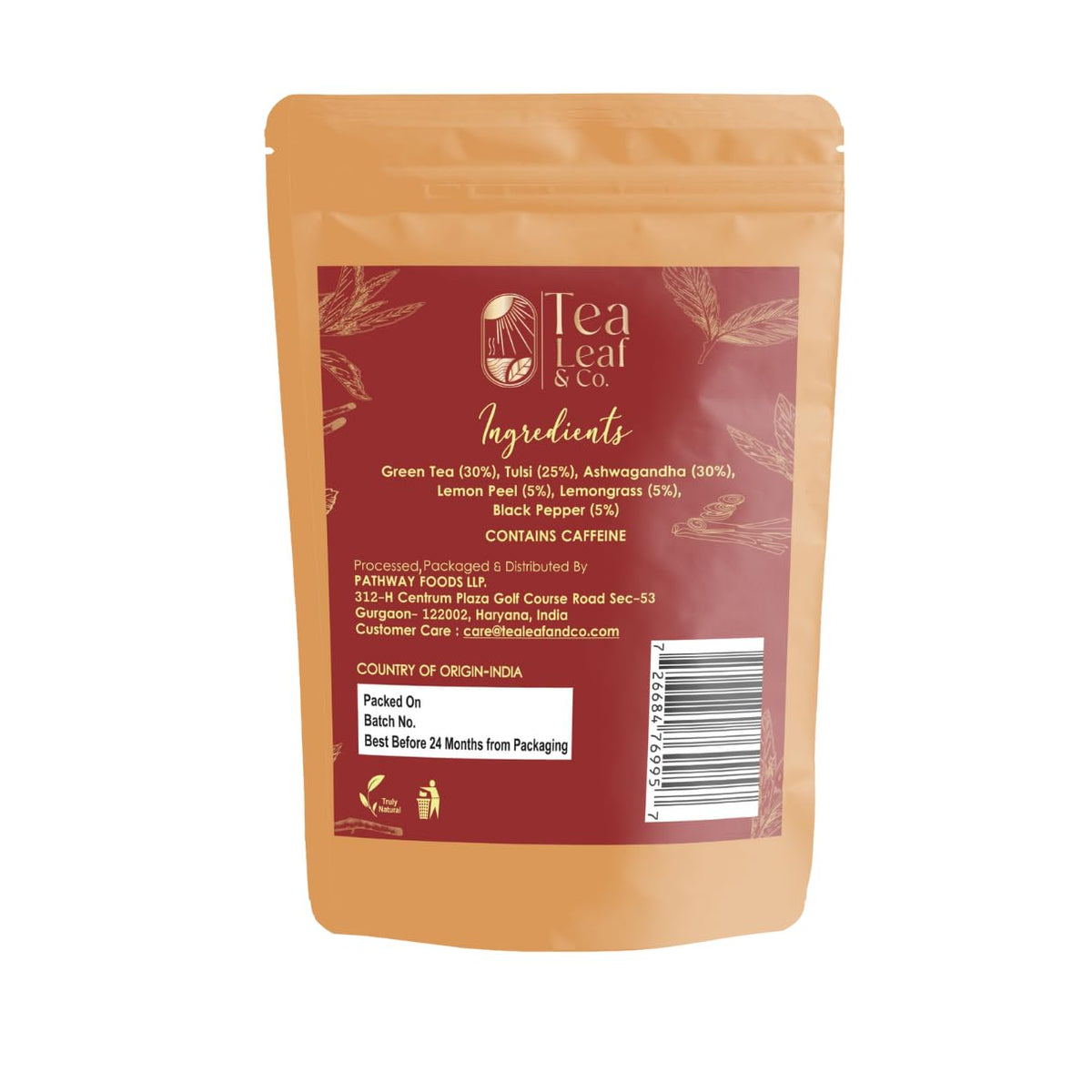 Tealeaf & Co. Tulsi Holy Basil Ashwagandha Green Tea Loose Leaf with Lemon Peel, Lemongrass & Black Pepper - Tulsi Tea with Fresh Herbs and Spices - 50 Servings, Gluten Free (3.52oz/100gm)