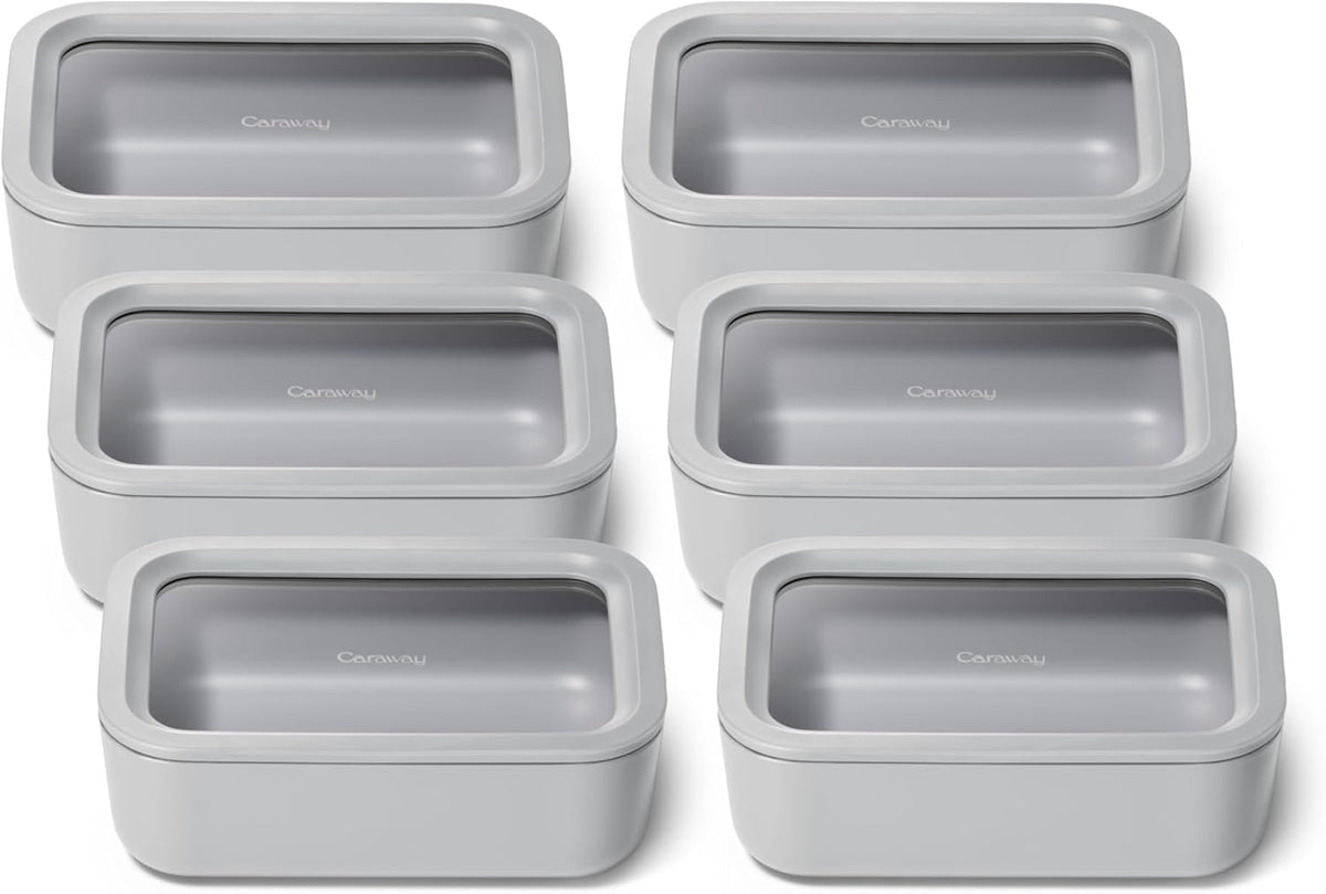 Caraway 6pc Glass Food Storage Set – 6.6 Cup Food Containers (6) - Ceramic Coated - Non Toxic, Non Stick with Lids - Microwave Safe - Gray