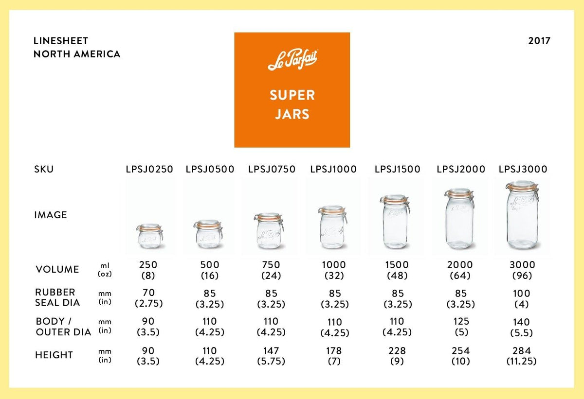 Le Parfait Super Jar, Canning Jars, 1L French Glass Canning Jar w/Round Body, Glass Jars With Airtight Lid, Canning Jars Wide Mouth, Glass Jar With Lid, Clear Jars, Clear Glass Jars (32oz/Quart, 4 pk)