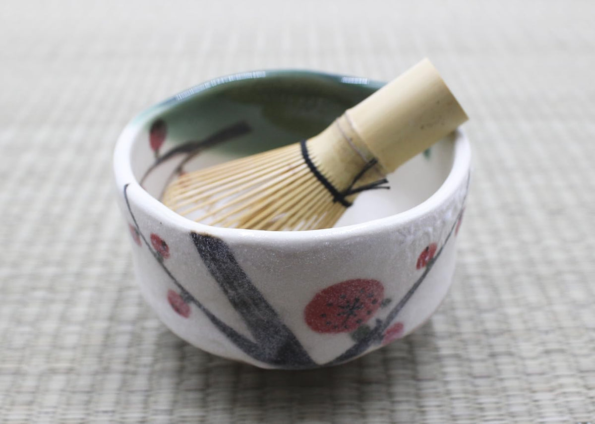Japanese Traditional Mino Ware Handcrafted Mini Matcha Chawan Tea Bowl Cup Set with Chasen Bamboo Tea Whisk Ceremony Tableware Pottery (Oribe Ume)