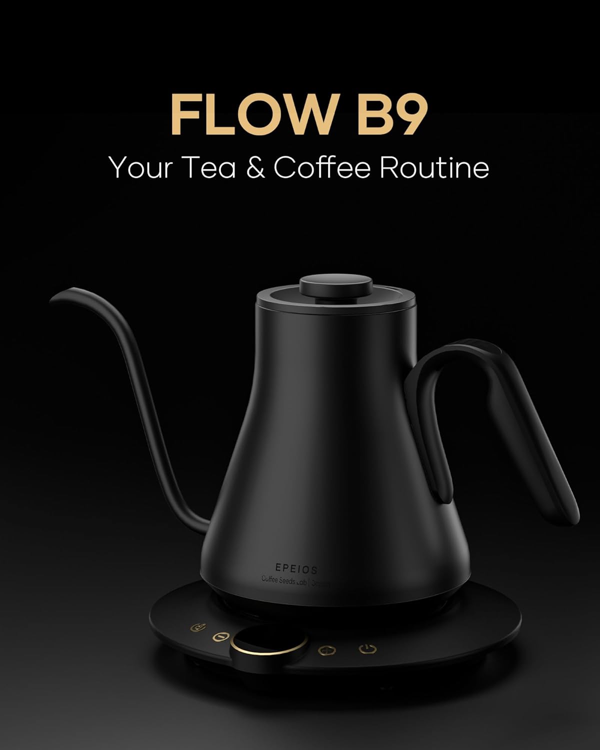 Cocinare FLOW B9 Gooseneck Electric Kettle, Precise Temperature Control for Pour-Over Coffee & Tea Brewing, Stainless Steel Interior, Rapid Heating for Boiling Water, 1500W/0.9L Matte Black