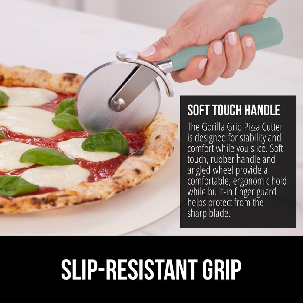 GORILLA GRIP BPA-Free Large Pizza Cutter Wheel, 9 Inch, Sharp Stainless Steel Blade, Slip Resistant Handle with Thumb Guard Protection, Slice Thick or Thin Pizzas, Pie, Pastries in Seconds, Mint