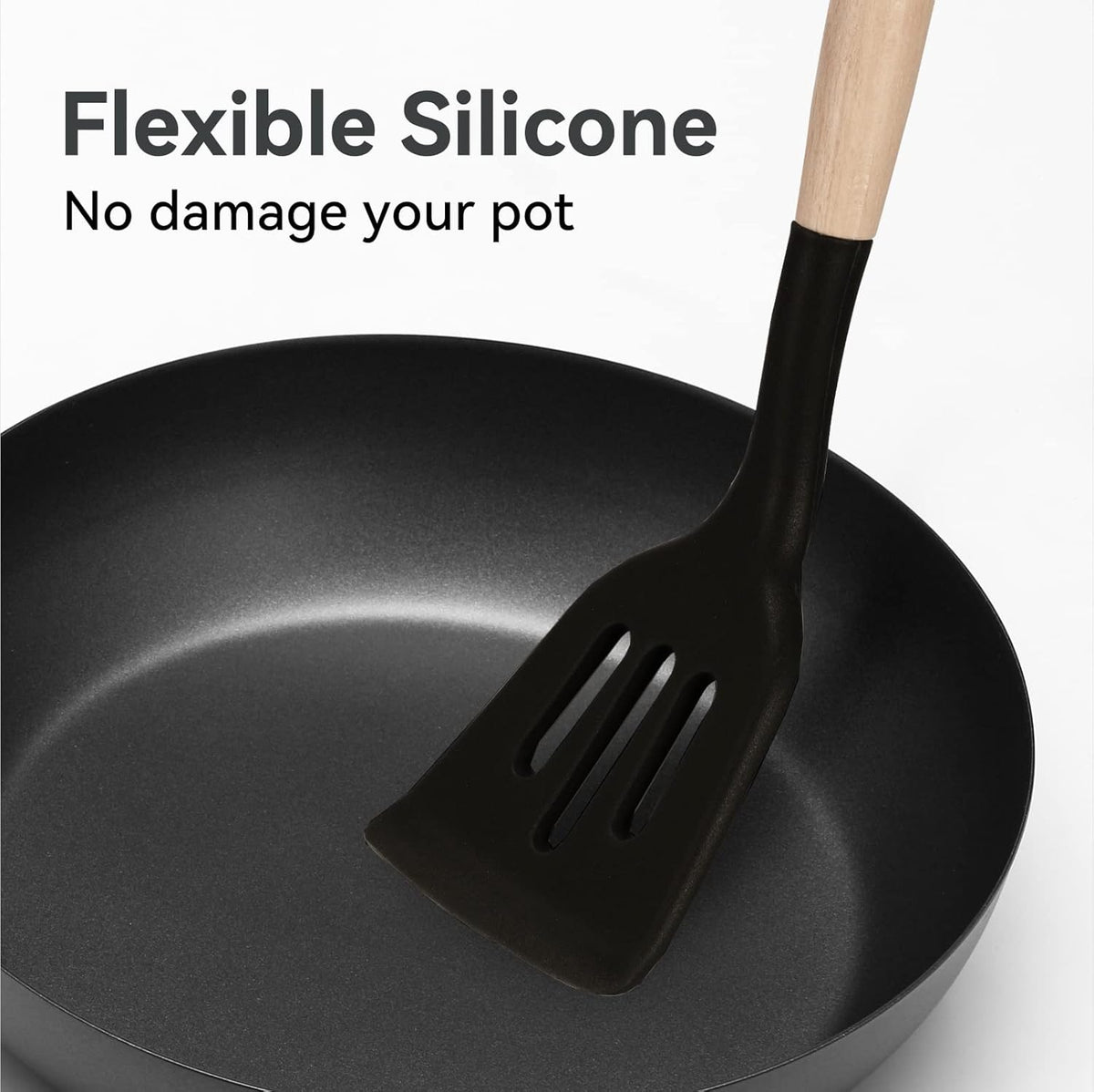 Non-Stick Silicone Cooking Utensils Set, 5 Pcs with Wooden Handle, Heat Resistant Silicone Kitchen Gadgets (Black)