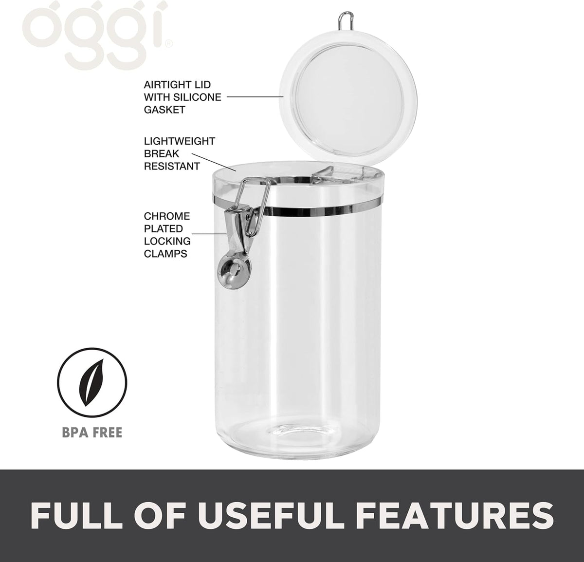Oggi Large Clear Canister with Clamp Lid, 72 oz - Large Airtight Food Storage Container, for Kitchen & Pantry Storage of Bulk, Dry Foods, Pasta, Flour, Sugar, Coffee, Rice, Tea, Spices & Herbs
