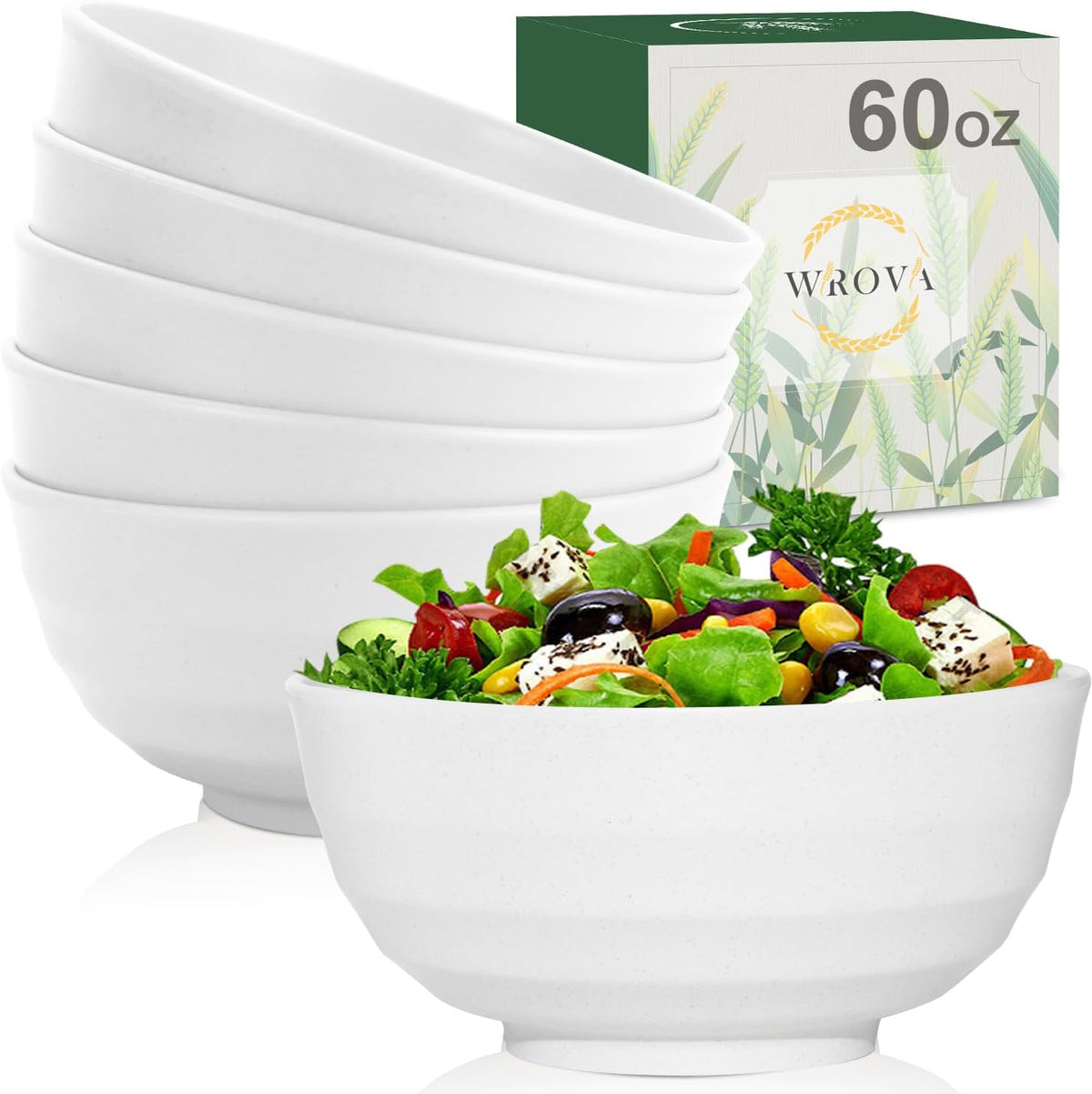 Wheat Straw Bowls Set 60 OZ, Unbreakable Large White Bowls Set of 6, Microwave and Dishwasher Safe Big Cereal Bowl for Dorm and Apartment, Salad Bowl for Serving Oatmeal and Popcorn (White)