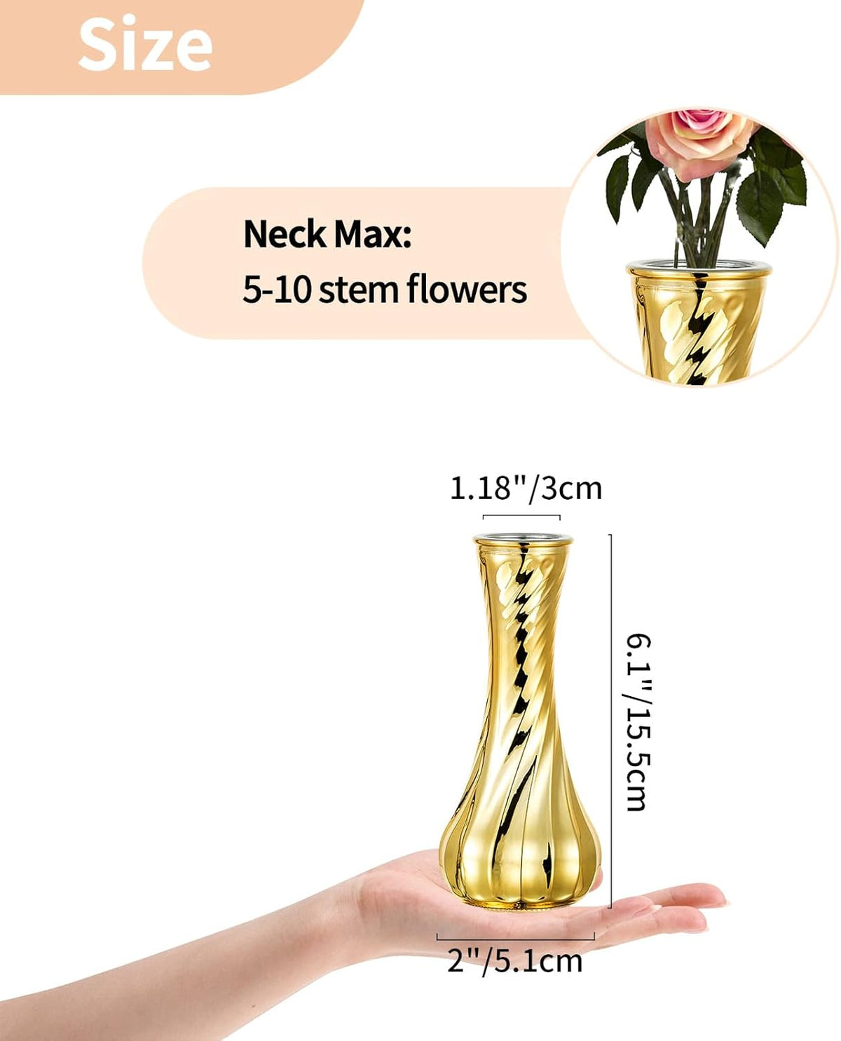 NUPTIO Glass Bud Vase Gold: 6 Pcs Small Flower Vases for Wedding Party Table Centrepiece - Vintage Ribbed Vase for Home Birthday Reception Decorations