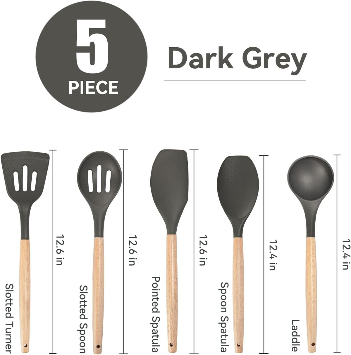 Non-Stick Silicone Cooking Utensils Set, 5 Pcs with Wooden Handle, Heat Resistant Silicone Kitchen Gadgets (Gray)