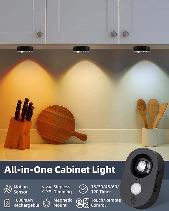 Yiliaw LED Motion Sensor Puck Lights Indoor, Small Rechargeable Under Cabinet Lighting, Dimmable Warm White Closet Lights, Stick on Wireless Night Light for Drawer, Shelf, Kitchen, Black (6 Pack)