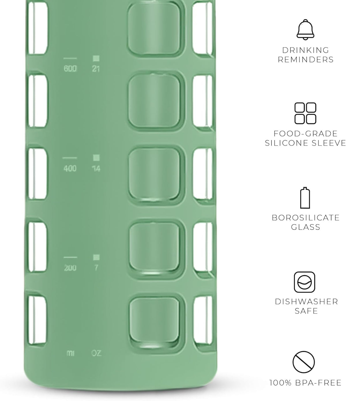 purifyou 40oz / 32oz / 22oz / 12oz Borosilicate Glass Water Bottle with Time & Volume Markers, Silicone Sleeve, Stainless Steel Lid – Reusable Glass Bottle for Water & Juice (32oz Shale Green)