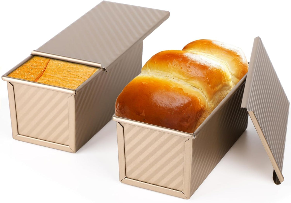 Beasea Pullman Loaf Pan with Lid, 2 Pack 0.5 lb Small Non-Stick Bread Loaf Pans Carbon Steel Mini Bread Toast Box for Homemade Bread Toast Oven Baking - Gold