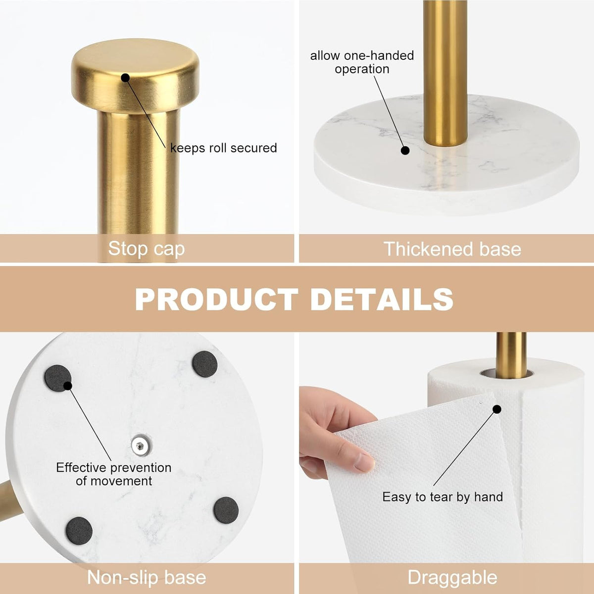 Standing Paper Towel Holder, Kitchen Paper Towel Roll Holder- for Bathroom Kitchen Countertop with Weighted Marble Base for One-Handed Operation (Gold), Marble Paper Towel Holder.…