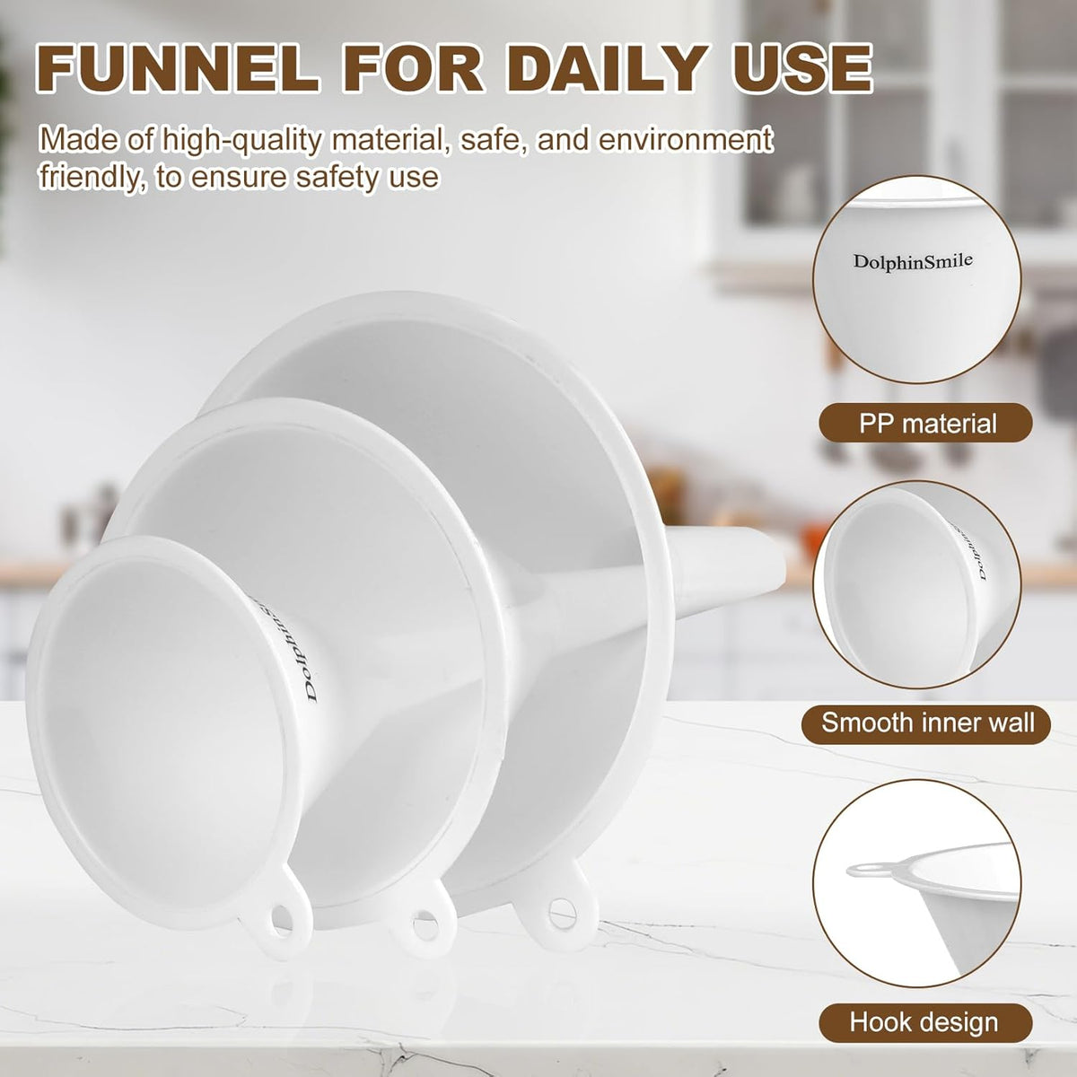 Plastic Kitchen Funnel Set of 3, Round Kitchen Funnels for Filling Bottles, Durable and Multifunctional Funnels for Filling Canning, Cooking, Lab or Car Oil (White)