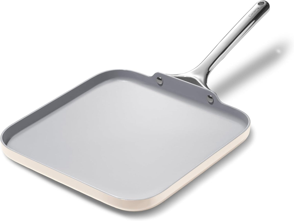 Caraway Square Griddle Pan - 11” Square Pan - Non-Stick Ceramic Coated - Non Toxic, PTFE & PFOA Free - Oven Safe & Compatible with All Stovetops - Cream