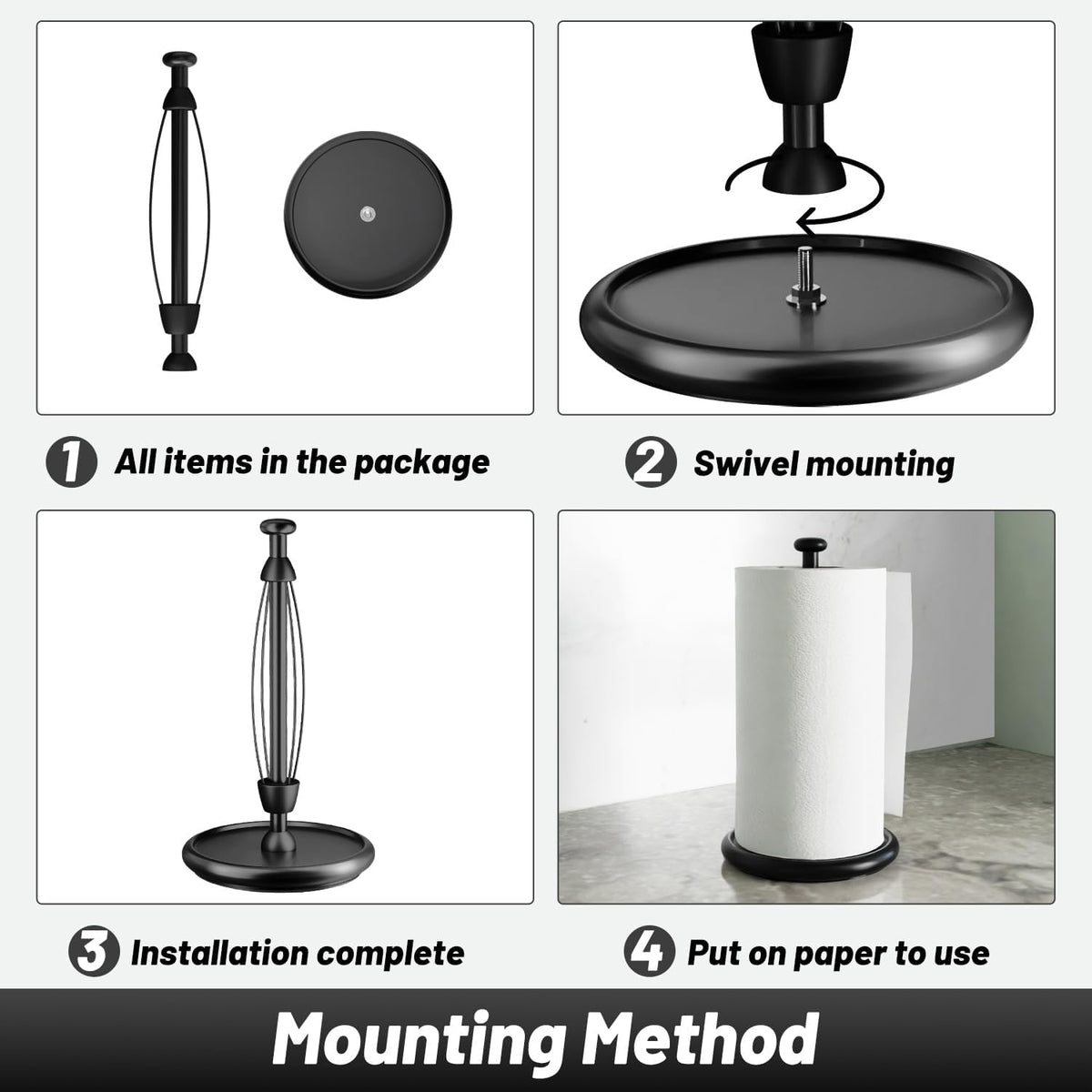 VEHHE Paper Towel Holder Countertop with Weighted Base, One-Handed Tear Paper Towel Holder with Damping Function and EVA Non-Slip Pad for Bathroom and Kitchen