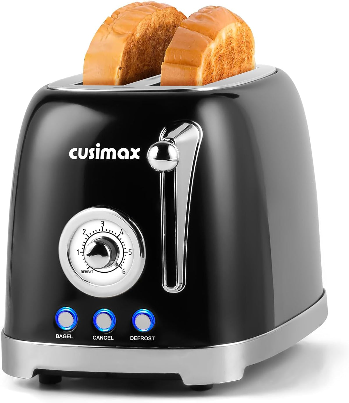 CUSIMAX Toaster 2 Slice with Extra Wide Slots for Bagels, Stainless Steel Toaster with 6 Toast Settings and 4 Functions, Bagel, Cancel, Defrost & Reheat, Removable Crumb Tray, Retro Toaster Black