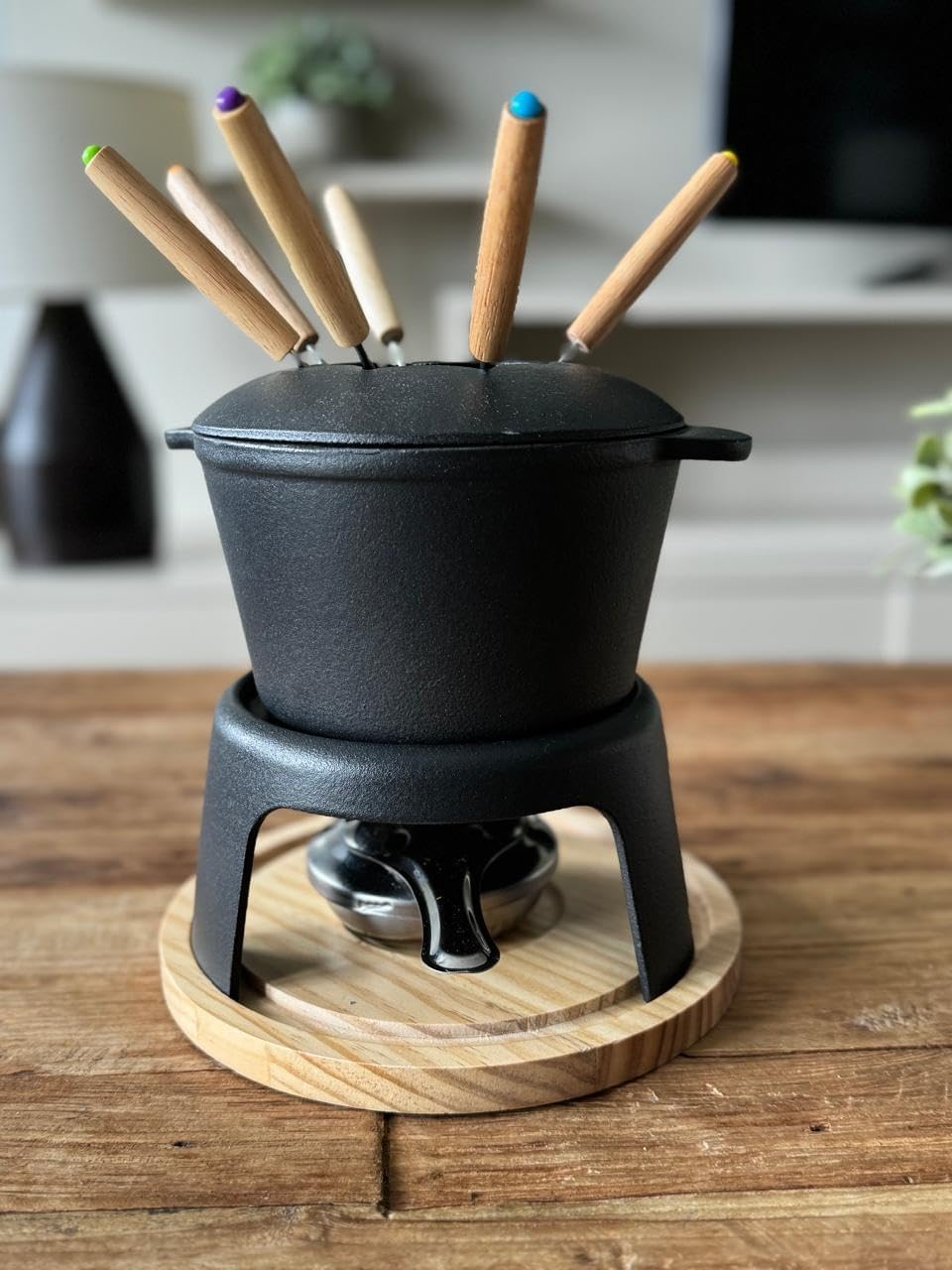 Traditional Fondue Set Matte black enameled cast iron fondue for Taditional swiss fondue 12 pcs fondue pot. for Meat, Chocolate & Cheese, Cast Iron Chocolate Fondue Pot 6 Pers Iron cast iron pot