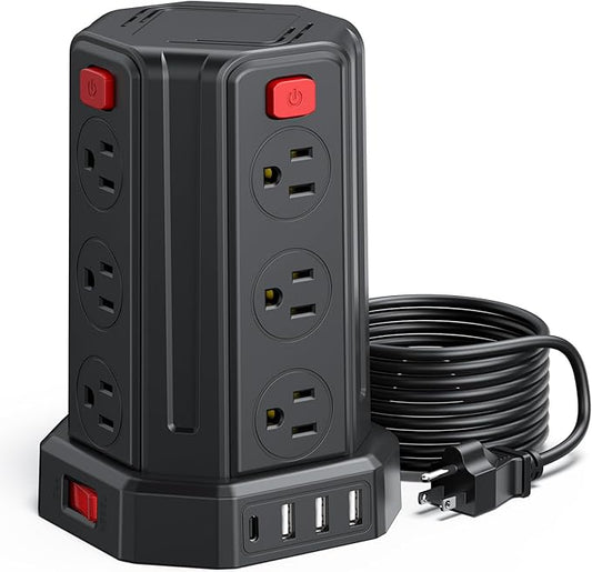 Power Strip Surge Protector, 10 Ft Extension Cord with 12 AC Multiple Outlets 4 USB (1 USB C), SMALLRT Power Tower Desktop Charging Station (Black, 10 FT)