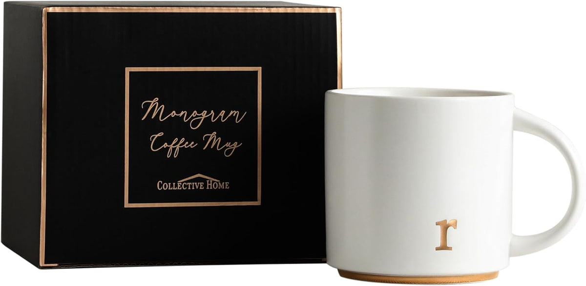 COLLECTIVE HOME - Monogram Ceramic Mugs, 15 oz Golden Initial Coffee Cups, Elegant Alphabet Tea Mugs, Elegant Personalized Mug with Gift Box, Luxurious Cups for Office and Home (r)