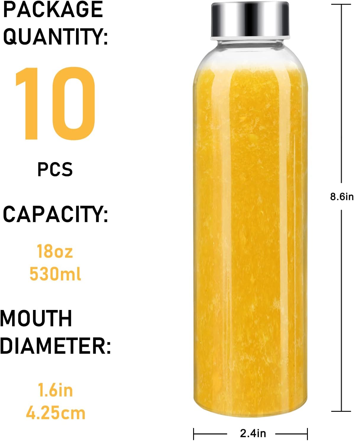 [10 Pack]18 oz Glass Water Bottles with Lids, Juice Bottles, Clear glass juice bottle for juicing, Eco-Friendly Reusable Glass Juicing Bottles with Stainless Steel Lid, BPA Free,Leak-Proof