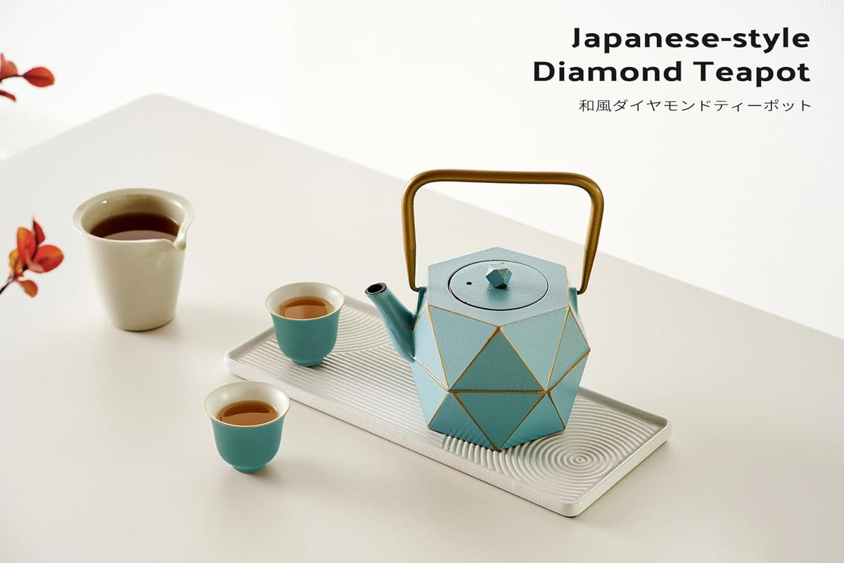 Toptier Cast Iron Teapot, Stovetop Safe Japanese Cast Iron Tea Kettle, Diamond Design Tea Pot with Removable Infuser for Loose Tea, 30 Ounce (900 ml), Blue