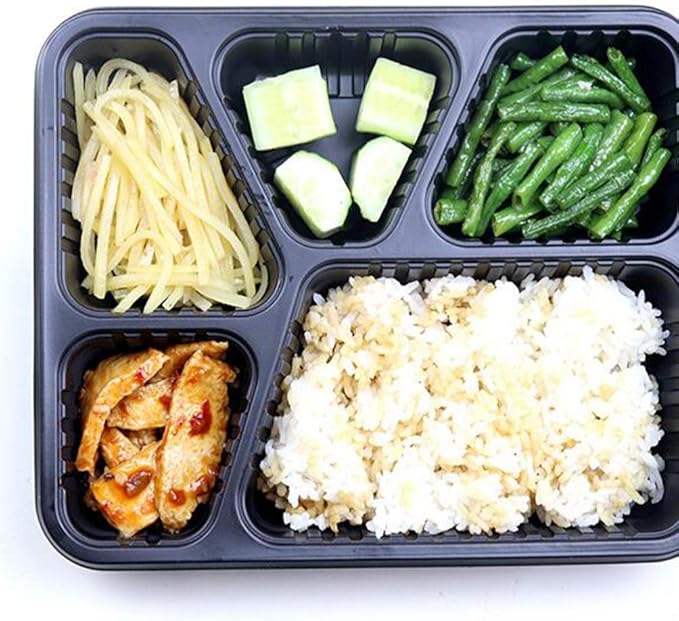 Hemoton 30pcs Disposable Bento Box 5 Compartment Meal Prep Container with Lid Microwave Heating Food Box for Home Restaurant (Black)