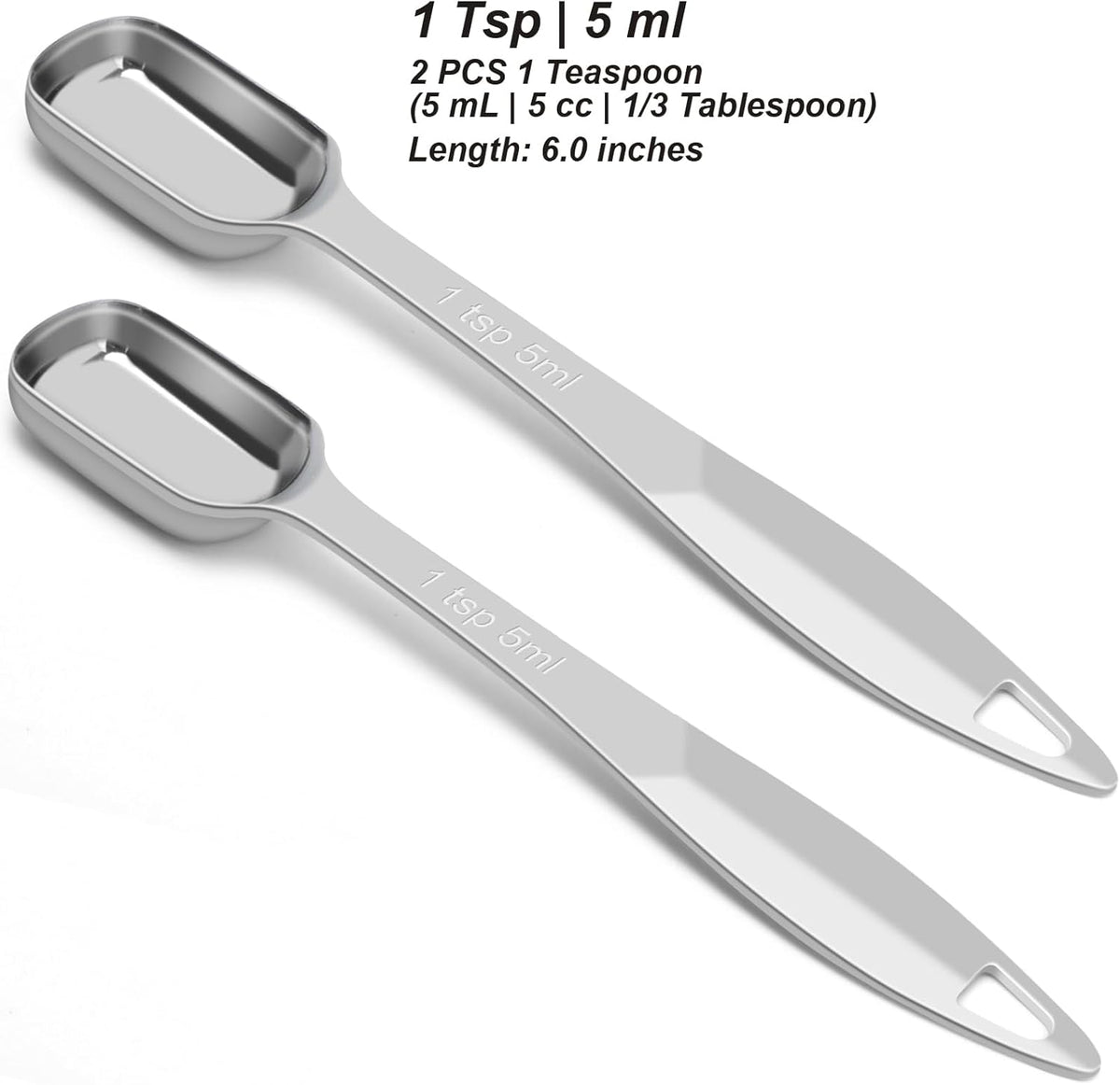 2 Pcs 1 Teaspoon(5 mL | 1 Tsp | 1/3 Tbsp | 5 cc | 1/6 oz) Stainless Steel Single Measuring Spoon, Long Handle Metal Measuring Spoon, Kitchen Gadgets for Cooking & Baking