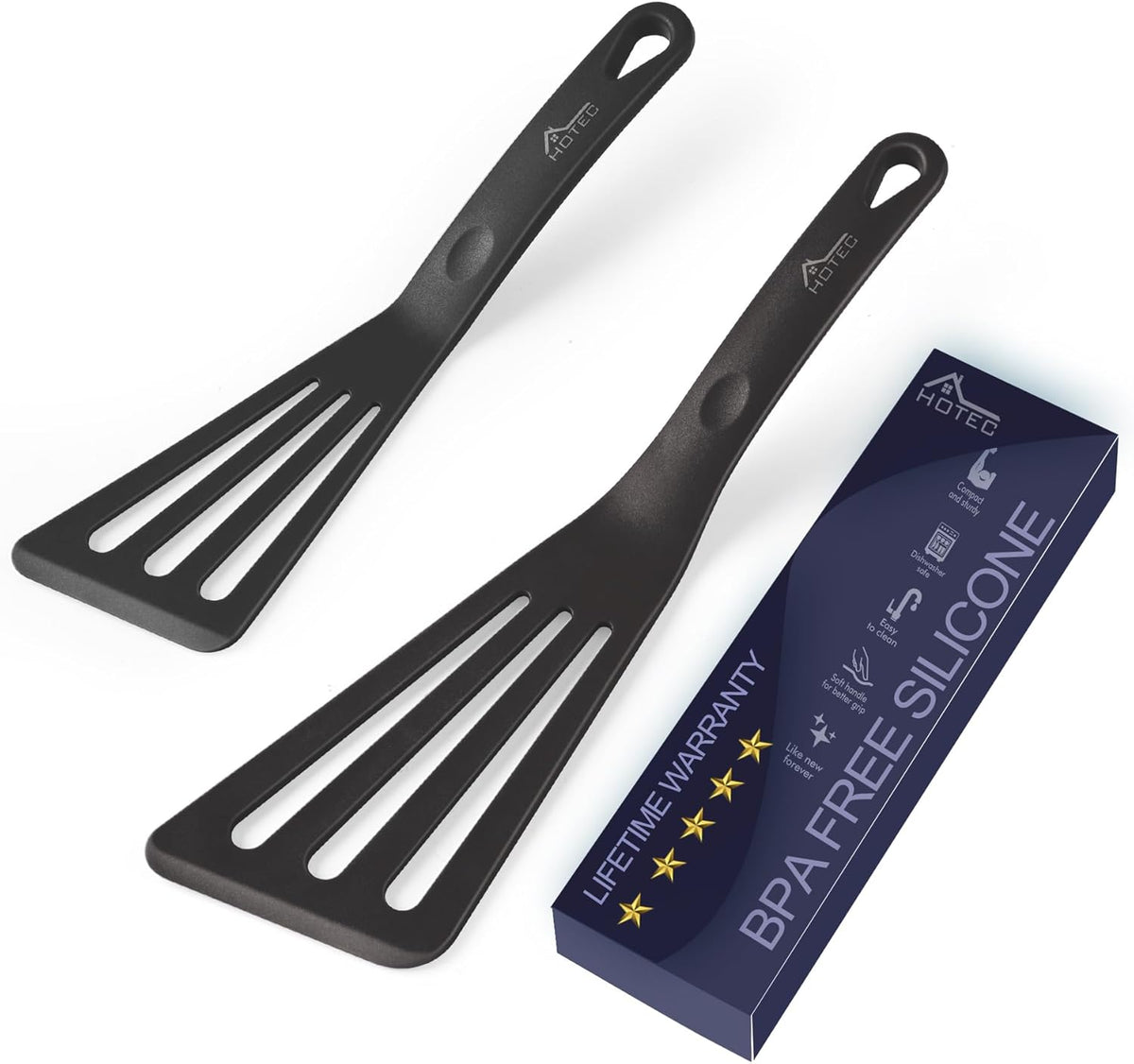 HOTEC 600℉ Heat Resistant Silicone Slotted Fish Turner Spatula Set, BPA Free Flipper Cooking Spatulas, for Non Stick Cookware Dishwasher Safe, Black