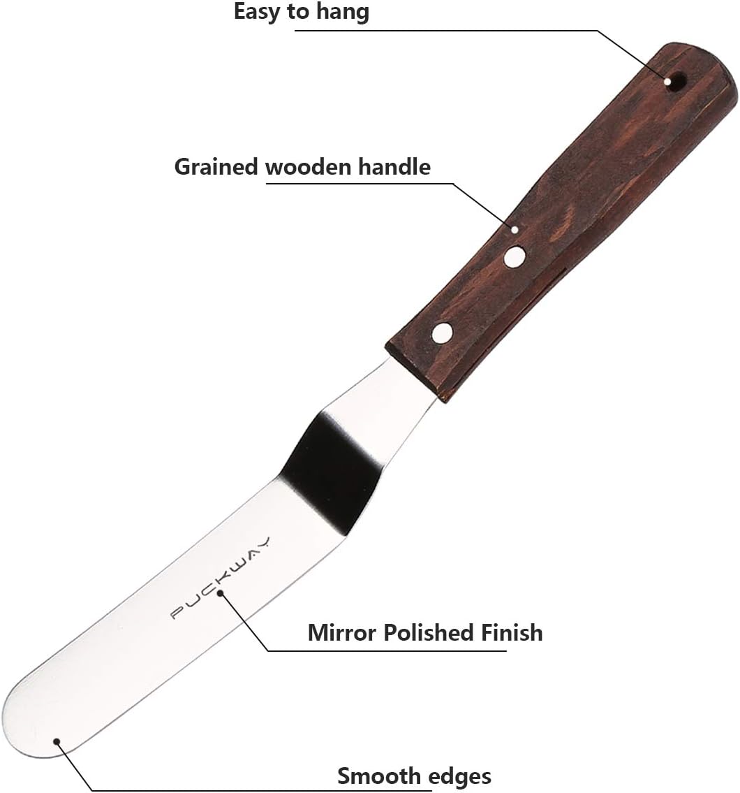 Offset Cake Icing Spatula Set of 3 Professional Stainless Steel Decorating Frosting Spatulas (4"-6"-8" Flexible Resistant Blade) Angled with Wooden Handle
