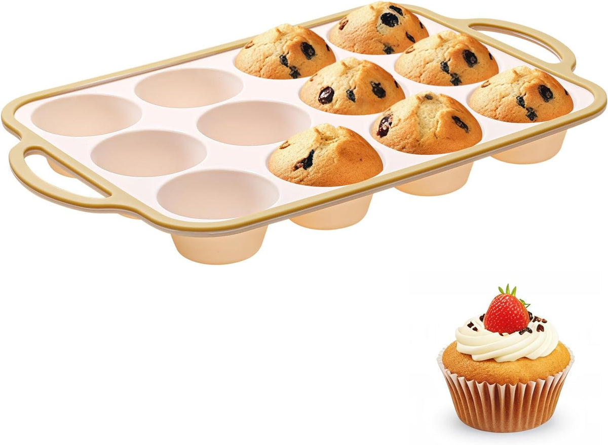 Silicone Muffin Pans for Baking 1 Pack, 2.6 Inch with Metal Reinforced Frame, Regular Size Nonstick Cupcake Pan 12 Cups for Baking Homemade Muffins, Dishwasher Safe BPA Free-Light Yellow