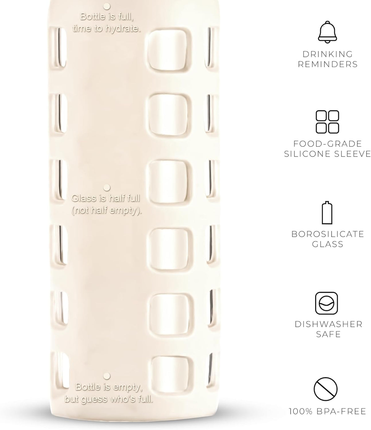 purifyou 40oz / 32oz / 22oz / 12oz Borosilicate Glass Water Bottle with Time & Volume Markers, Silicone Sleeve, Stainless Steel Lid – Reusable Glass Bottle for Water & Juice (12oz Pearled Ivory)