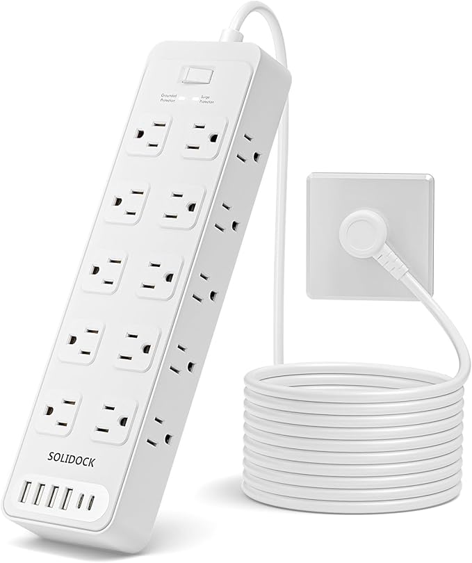 Flat Plug Power Strip Surge Protector with 20 AC Outlets 6 USB Chagring Ports, 1875W/15A, 2700J, Heavy Duty Extension Cord 6 Ft for Home, Office, Dorm, Gaming,ETL Listed (White, 6FT)