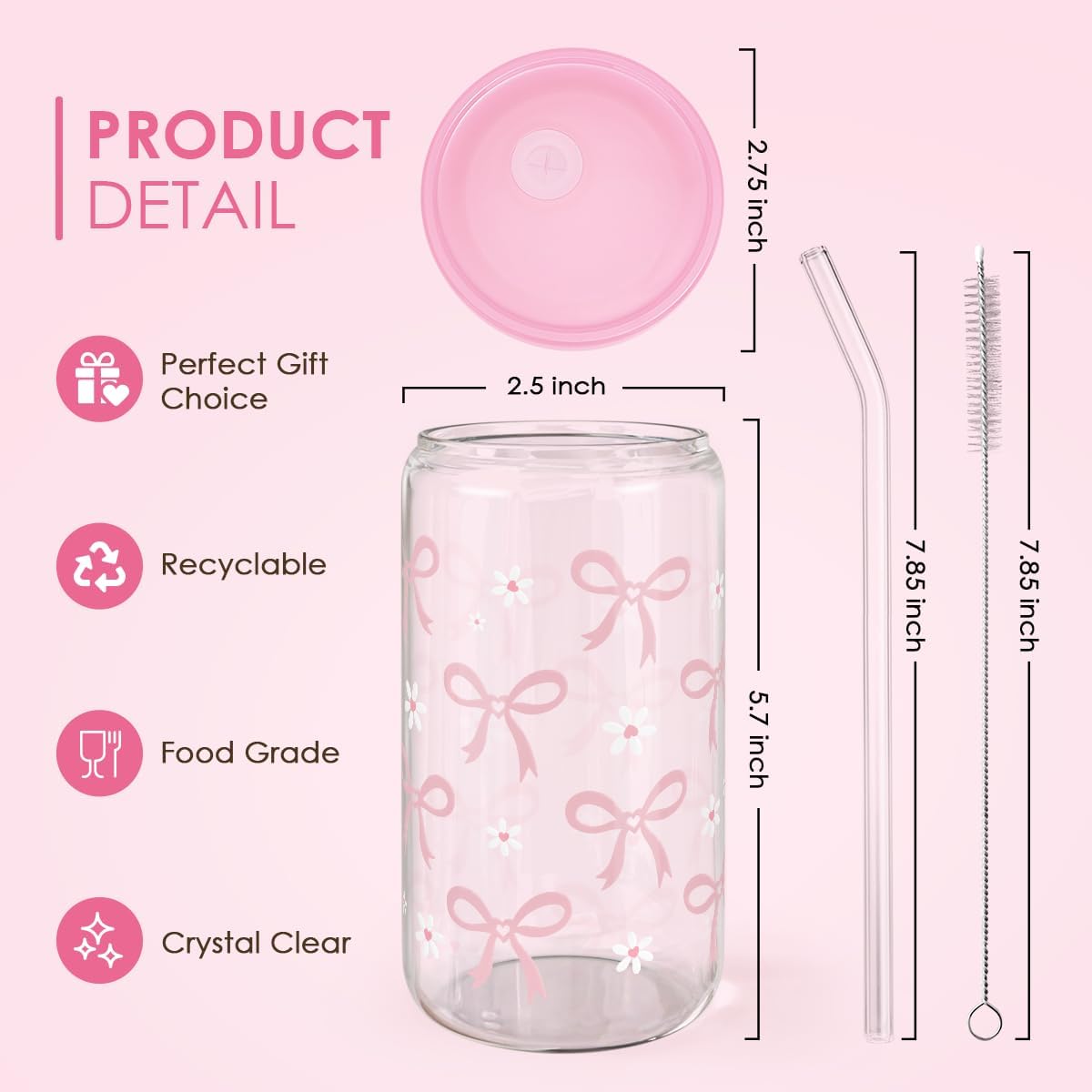 SANDJEST Bow Glass Can, Bows Cup with Lid & Straw, Iced Coffee Aesthetic Cups, Idea Gift for Christmas Birthday Mother Day, Gifts for Women, 16oz